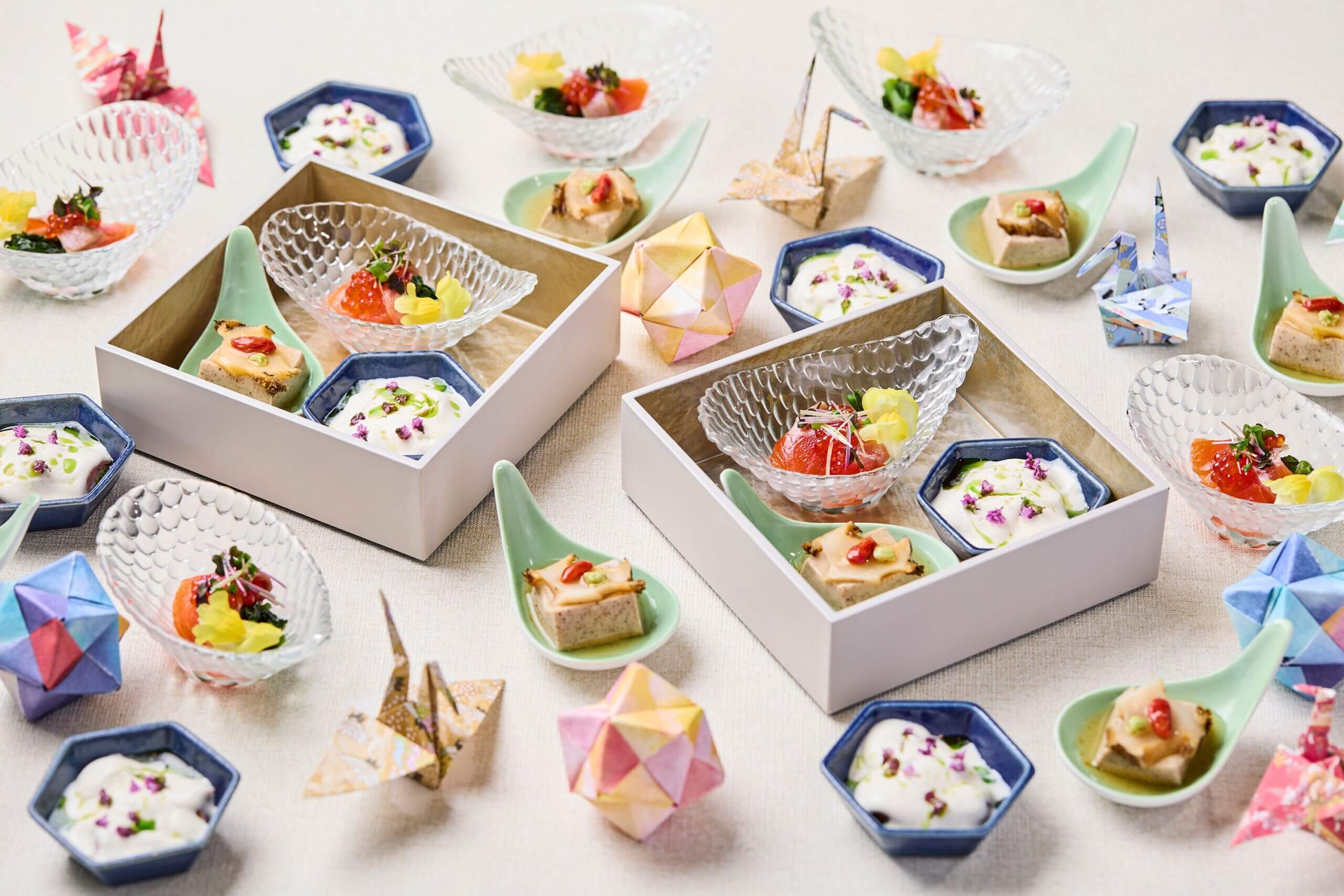 季のしずく（蒸しアワビと胡麻豆腐、サーモン昆布〆、セミドライソーセージと生ハム）