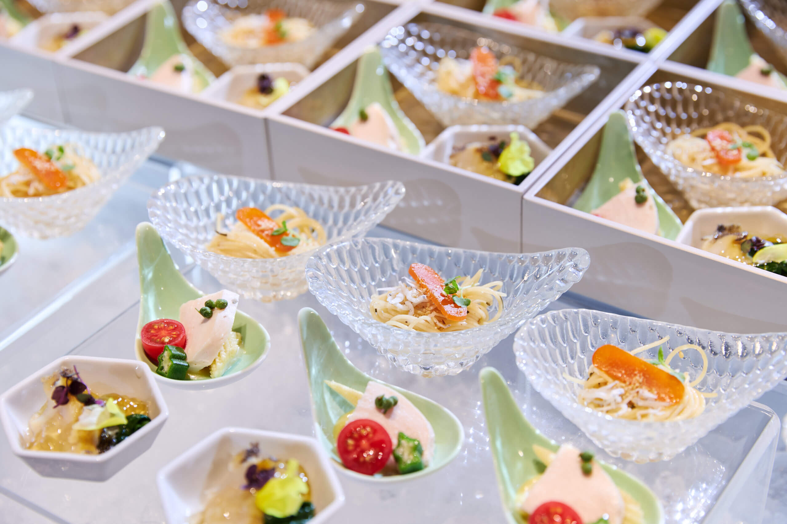  Seasonal Drops (Chicken Confit with Sansho Pepper, Steamed Abalone with Jade Eggplant, and Chilled Cappellini with Whitebait and Salted Kelp)