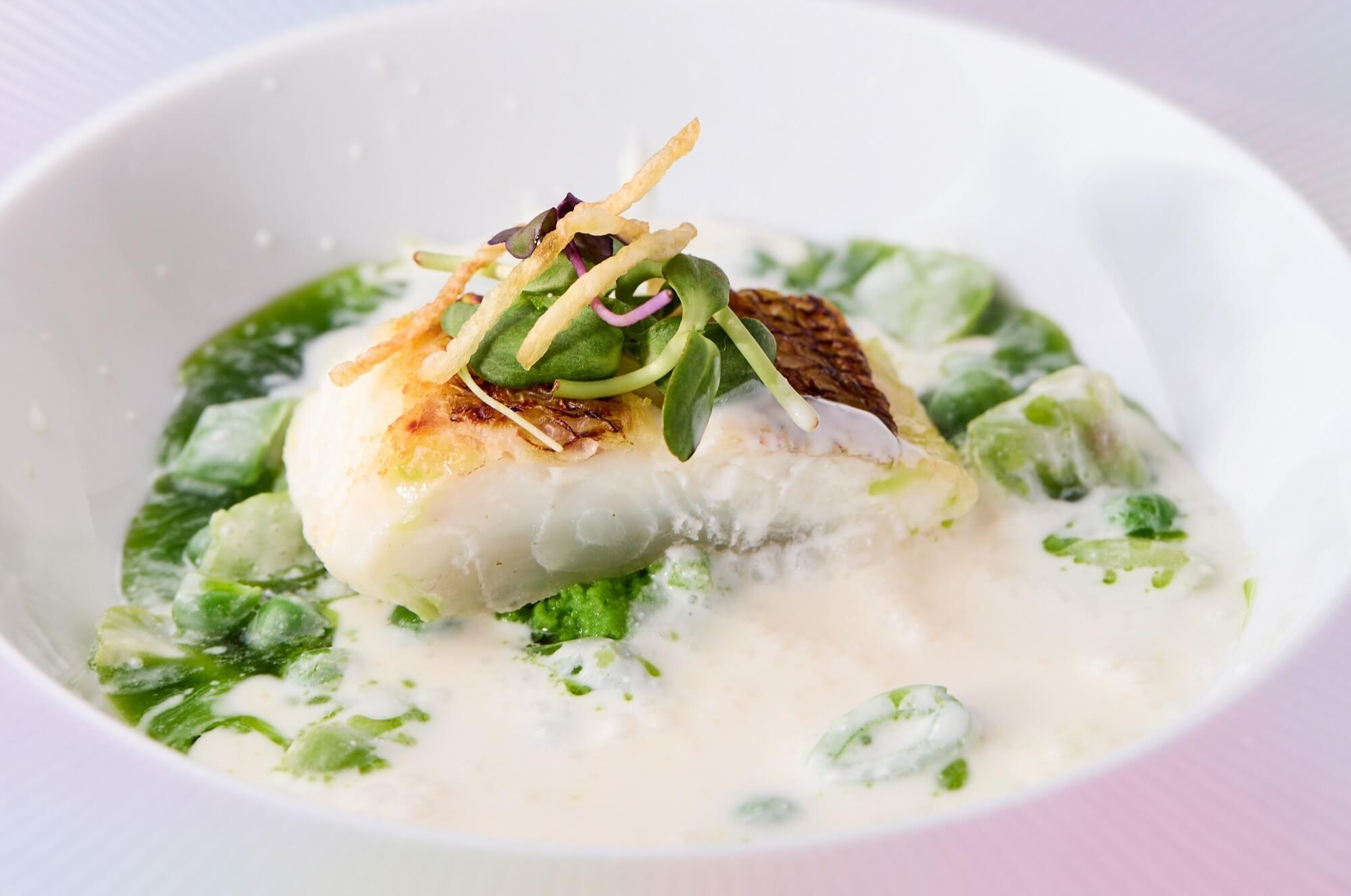 桜鯛のポアレ　春豆のクリームソース（日替わり）